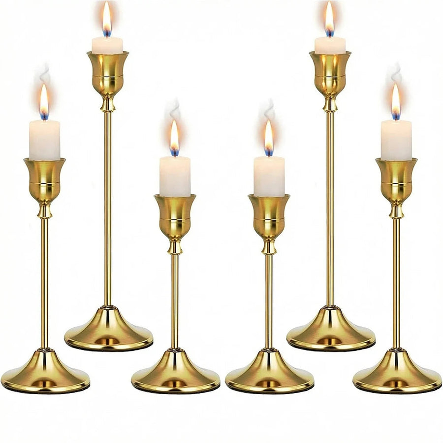 slim gold metal taper candlestick, set of 3, reference photo