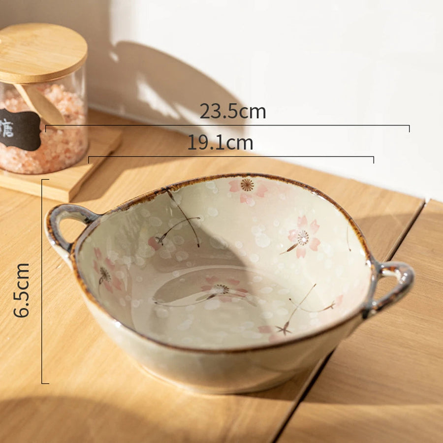 glazed two handle ceramic decorative bowl, pink blossom, reference photo