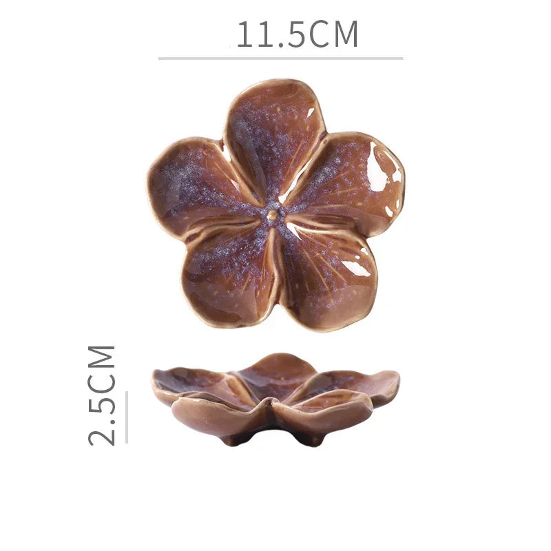 glazed ceramic blossom trinket dish, plum brown, reference photo