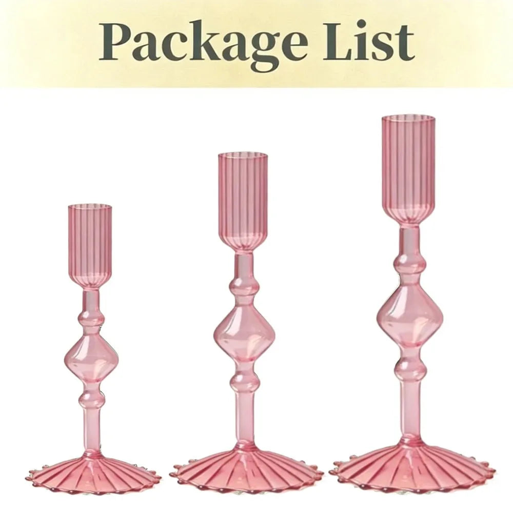 glass fluted taper candle holder, set of 3, pink, reference photo