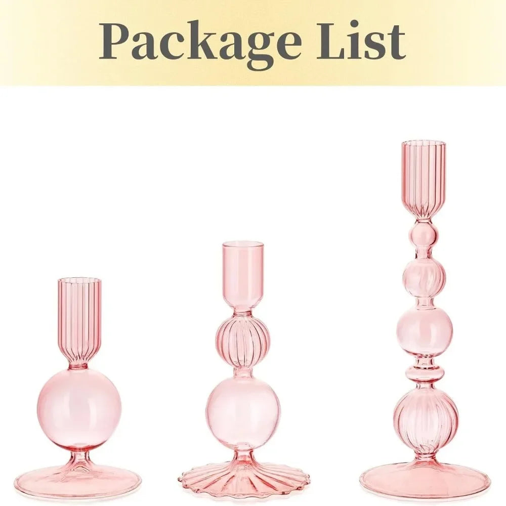 glass bubble taper candle holder, set of 3, pink, reference photo