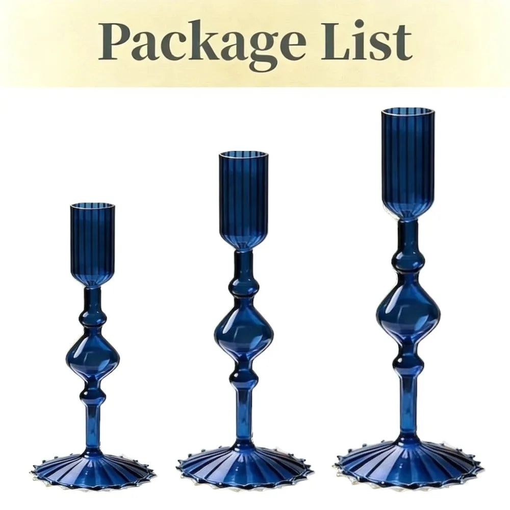 glass fluted taper candle holder, set of 3, blue, reference photo