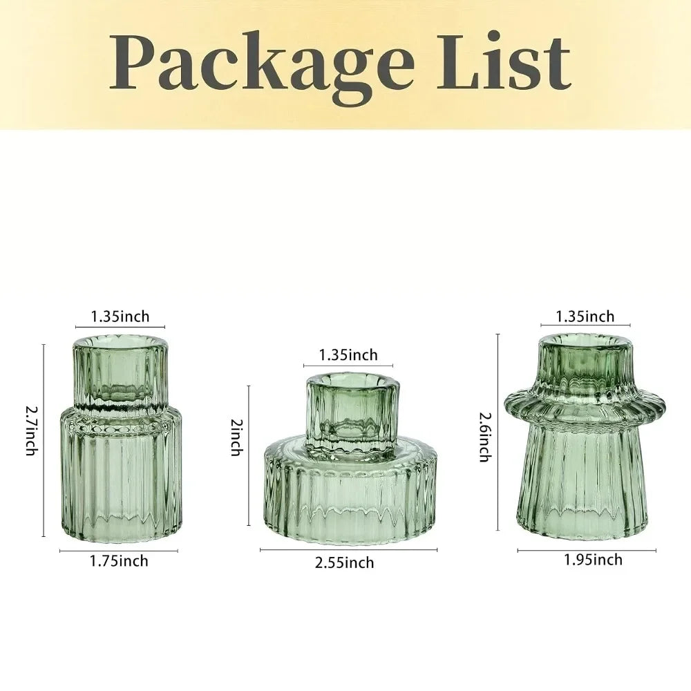 ribbed glass taper candle holder, set of 3, green, reference photo