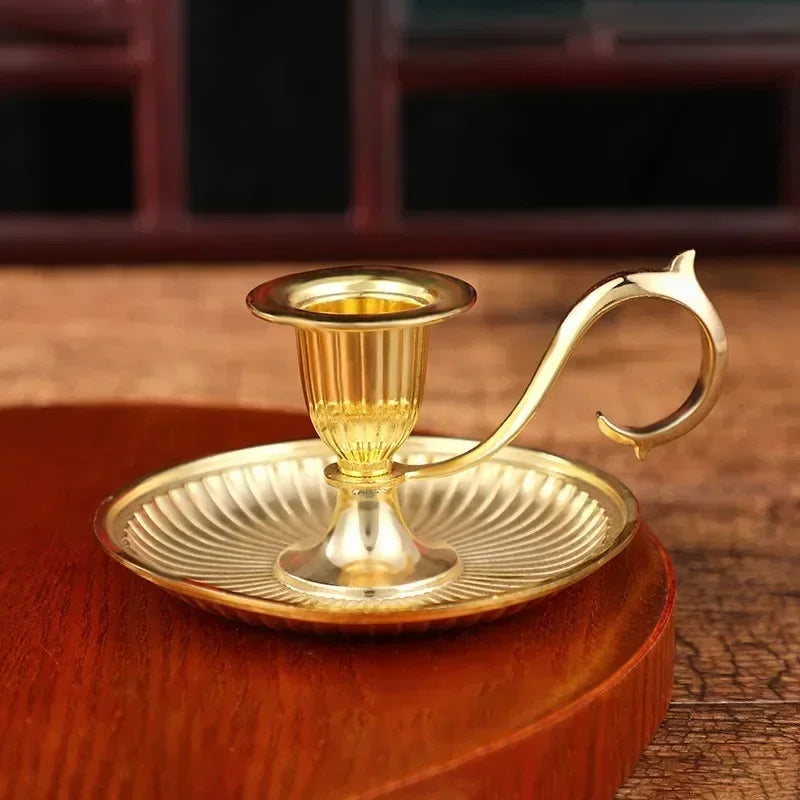 metal chamberstick taper candle holder, gold, reference photo