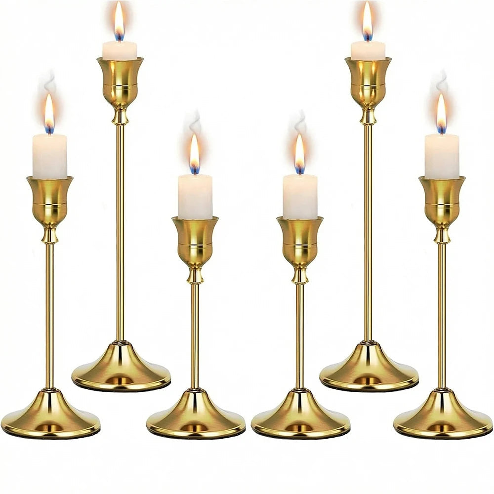 slim gold metal taper candlestick, set of 3, reference photo