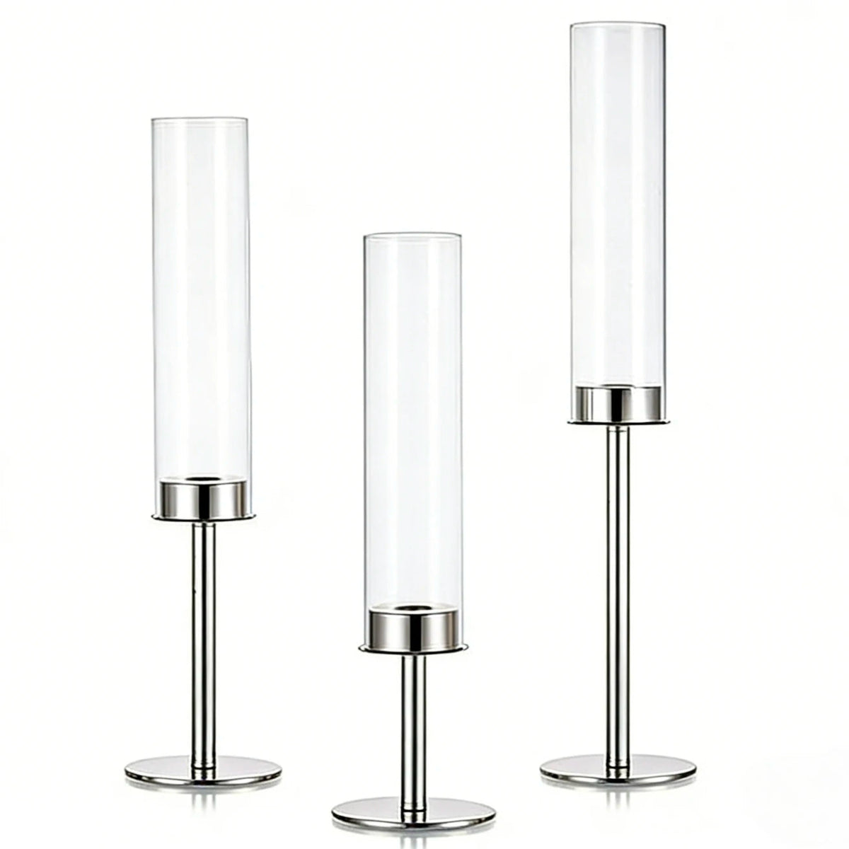 glass hurricane taper candle holder, set of 3, silver, reference photo