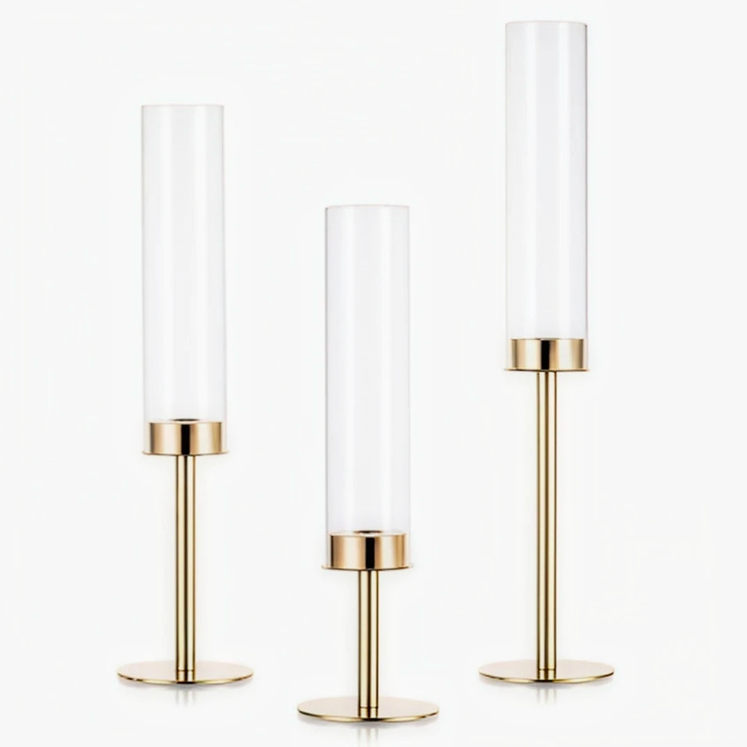 glass hurricane taper candle holder, set of 3, gold, reference photo