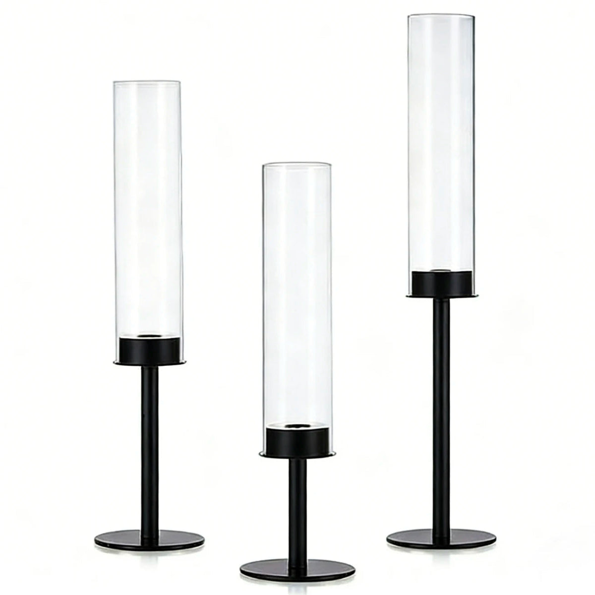 glass hurricane taper candle holder, set of 3, black, reference photo