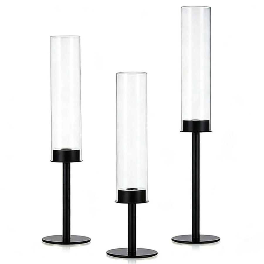 glass hurricane taper candle holder, set of 3, black, reference photo