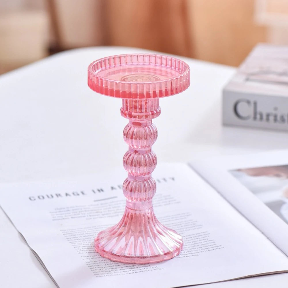 ribbed glass pillar candle holder, pink, large, reference photo