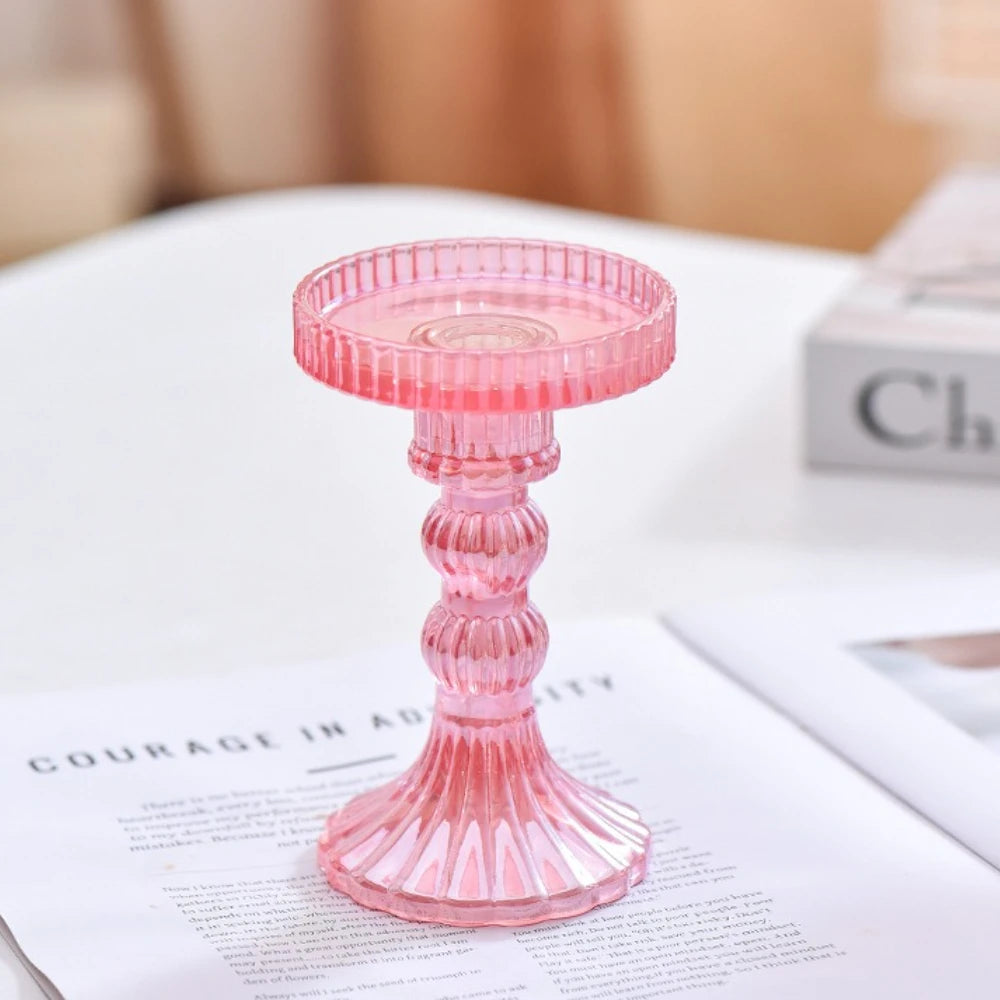 ribbed glass pillar candle holder, pink, medium, reference photo