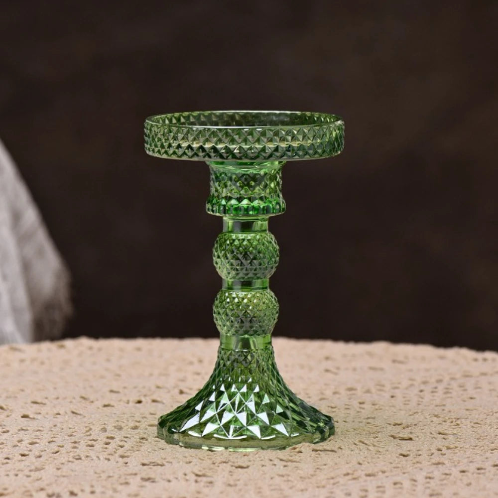 cut glass pillar candle holder, green, medium, reference photo