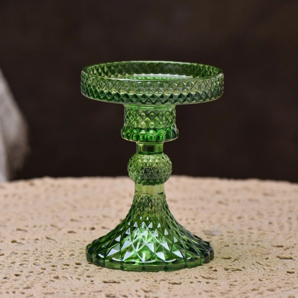 cut glass pillar candle holder, green, small, reference photo