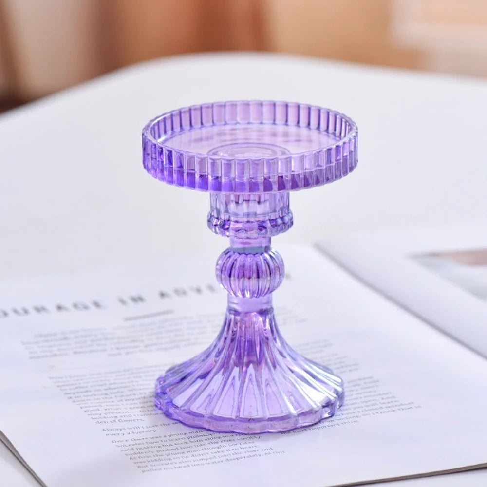 ribbed glass pillar candle holder, purple, small, reference photo