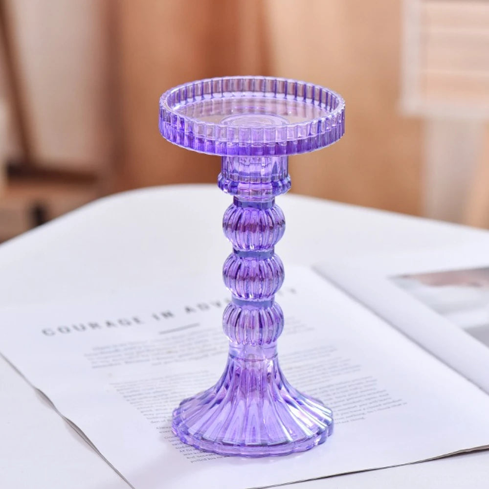 ribbed glass pillar candle holder, purple, large, reference photo