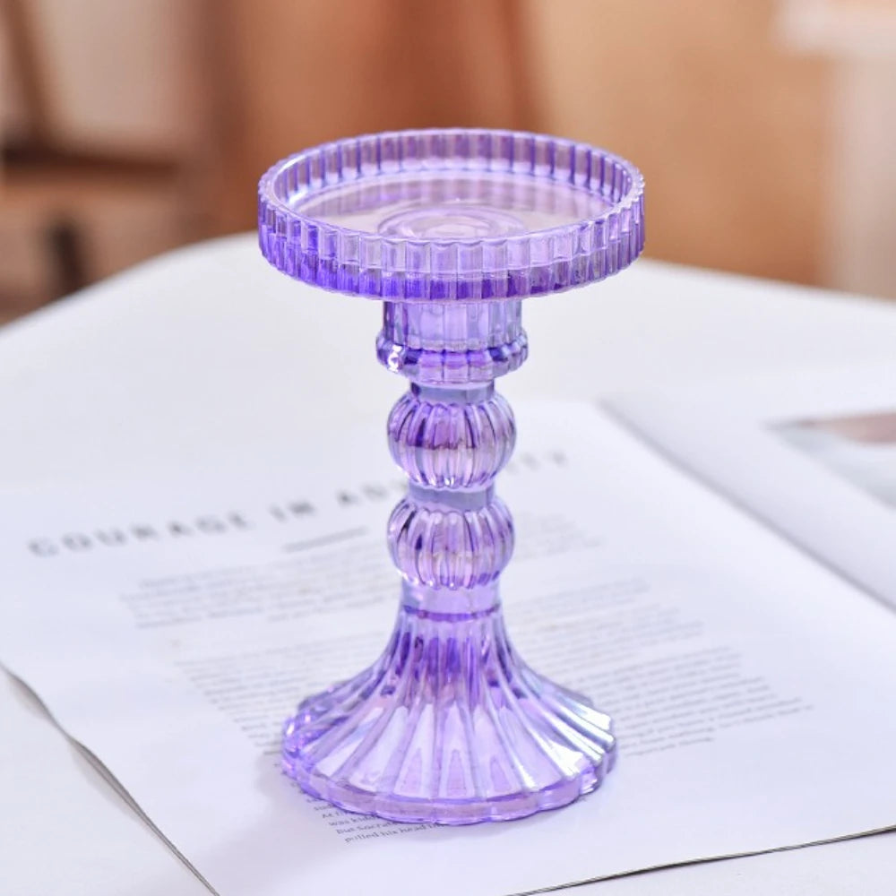 ribbed glass pillar candle holder, purple, medium, reference photo