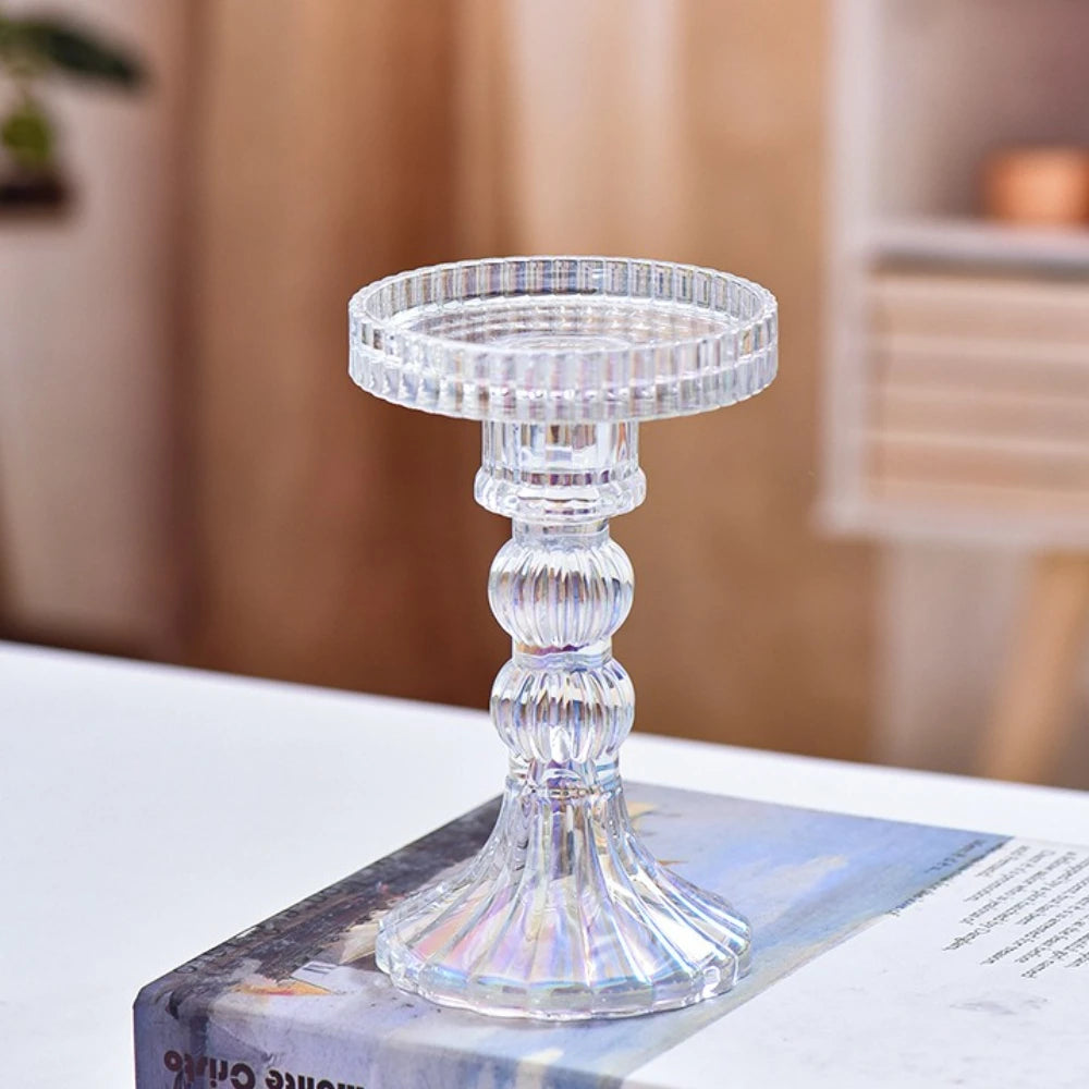 ribbed glass pillar candle holder, clear, medium, reference photo