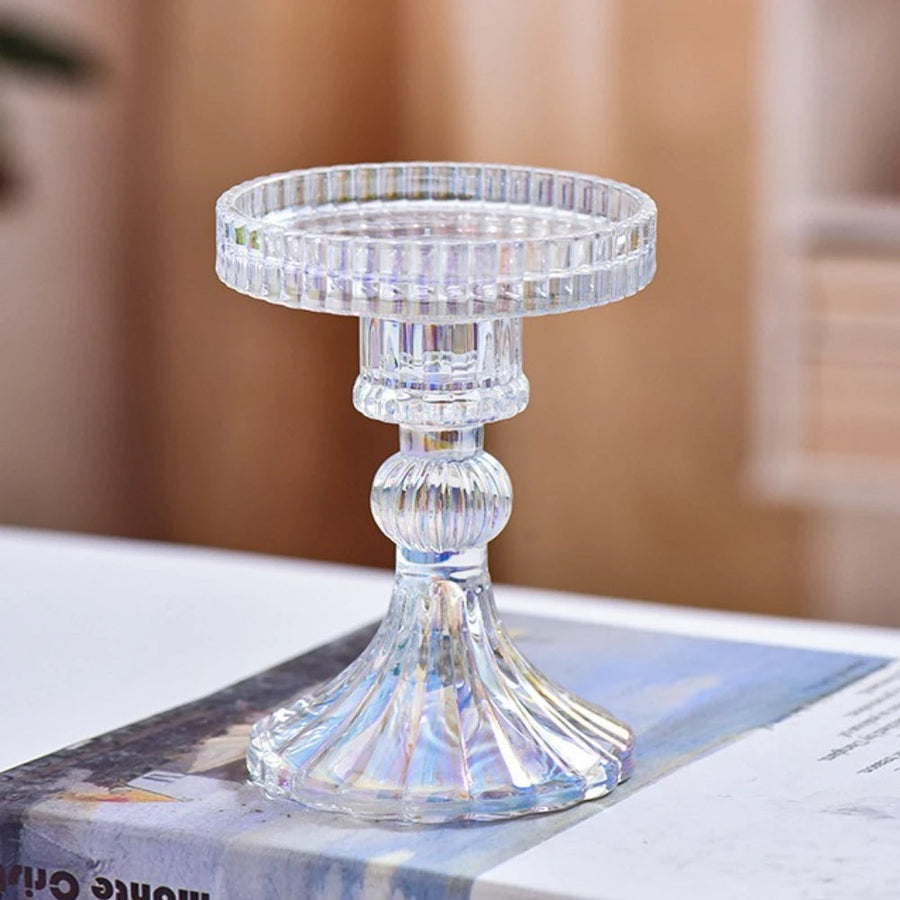 ribbed glass pillar candle holder, clear, small, reference photo