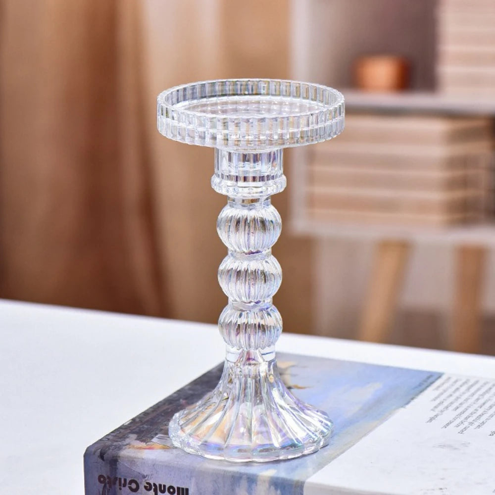 ribbed glass pillar candle holder, clear, large, reference photo