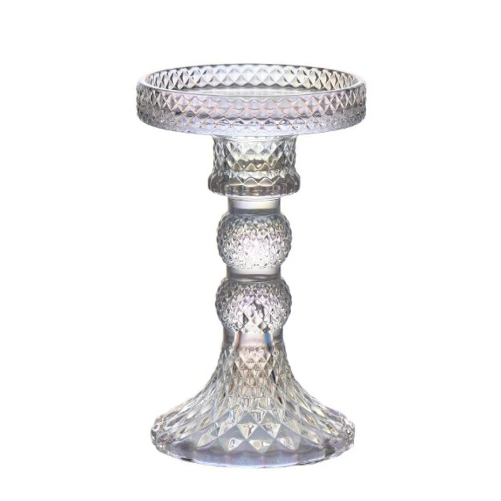 cut glass pillar candle holder, clear, medium, reference photo