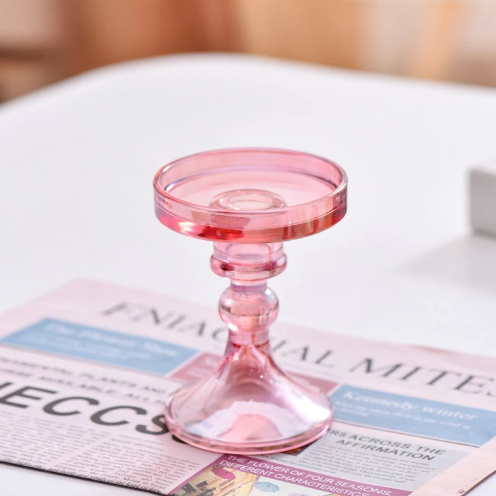 beaded glass pillar candle holder, pink, small, reference photo