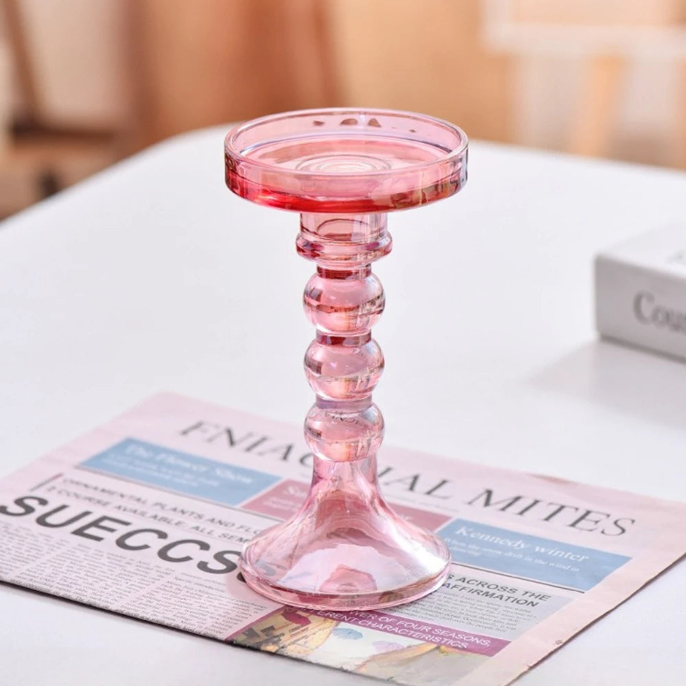 beaded glass pillar candle holder, pink, large, reference photo