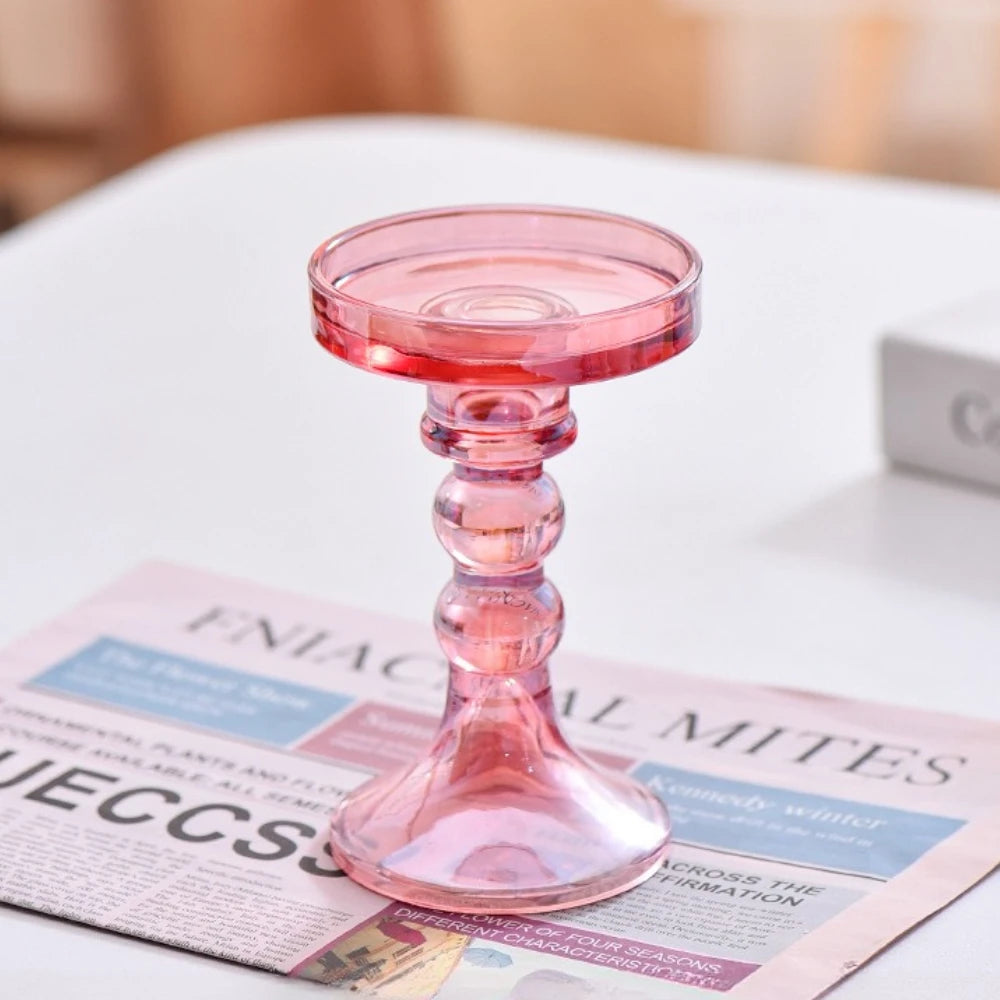 beaded glass pillar candle holder, pink, medium, reference photo