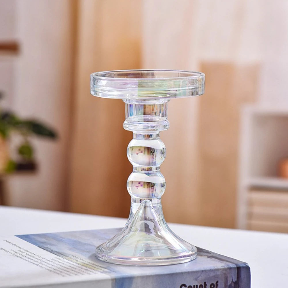 beaded glass pillar candle holder, clear, medium, reference photo