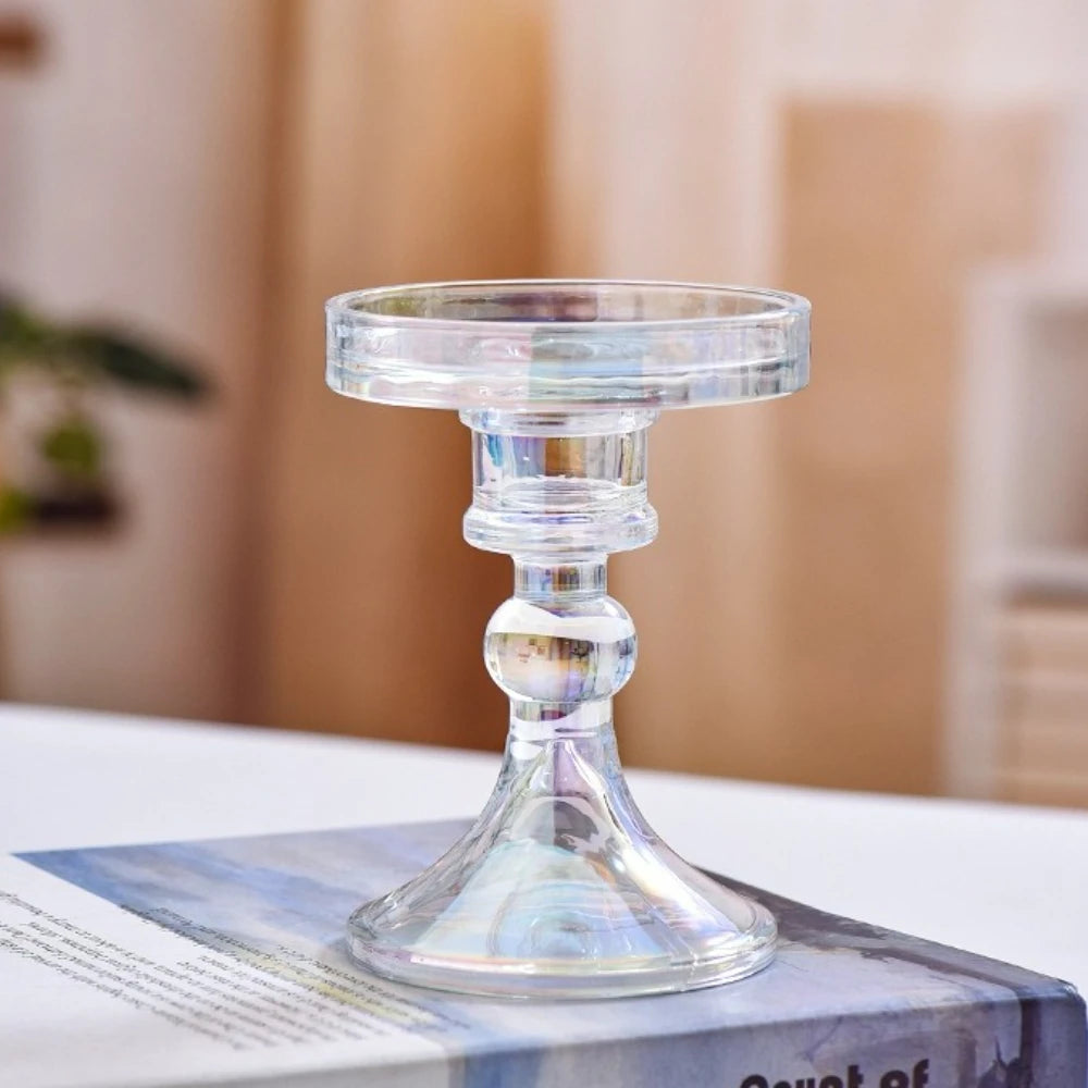 beaded glass pillar candle holder, clear, small, reference photo