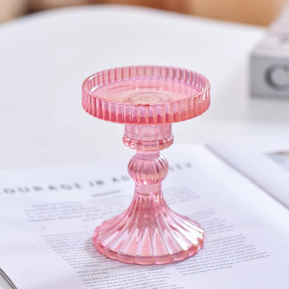 ribbed glass pillar candle holder, pink, small, reference photo