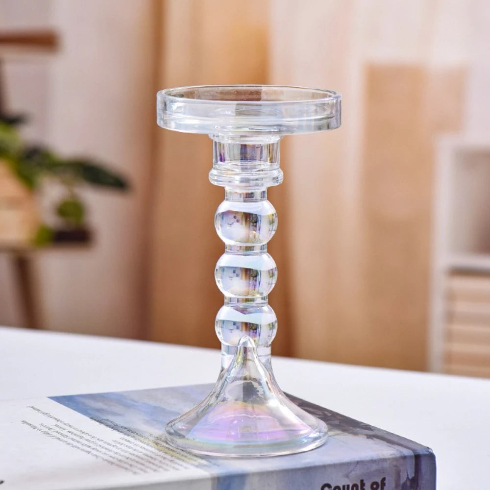 beaded glass pillar candle holder, clear, large, reference photo