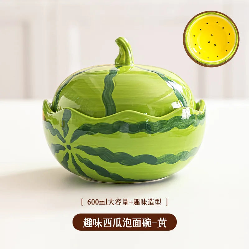 ceramic watermelon lidded decorative bowl, yellow, reference photo