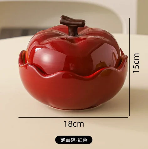 ceramic apple lidded decorative bowl, red, reference photo