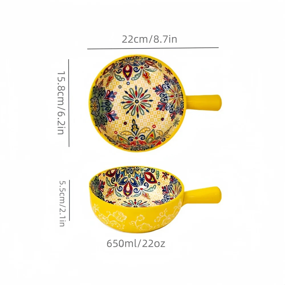 painted boho ceramic decorative bowl, yellow, reference photo