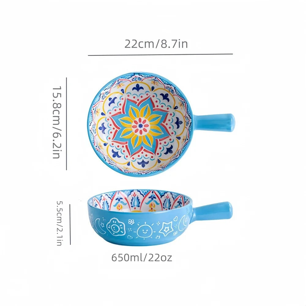 painted boho ceramic decorative bowl, sky blue, reference photo