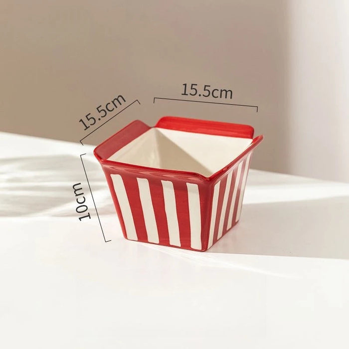 Red Stripe Square Ceramic Decorative Bowl