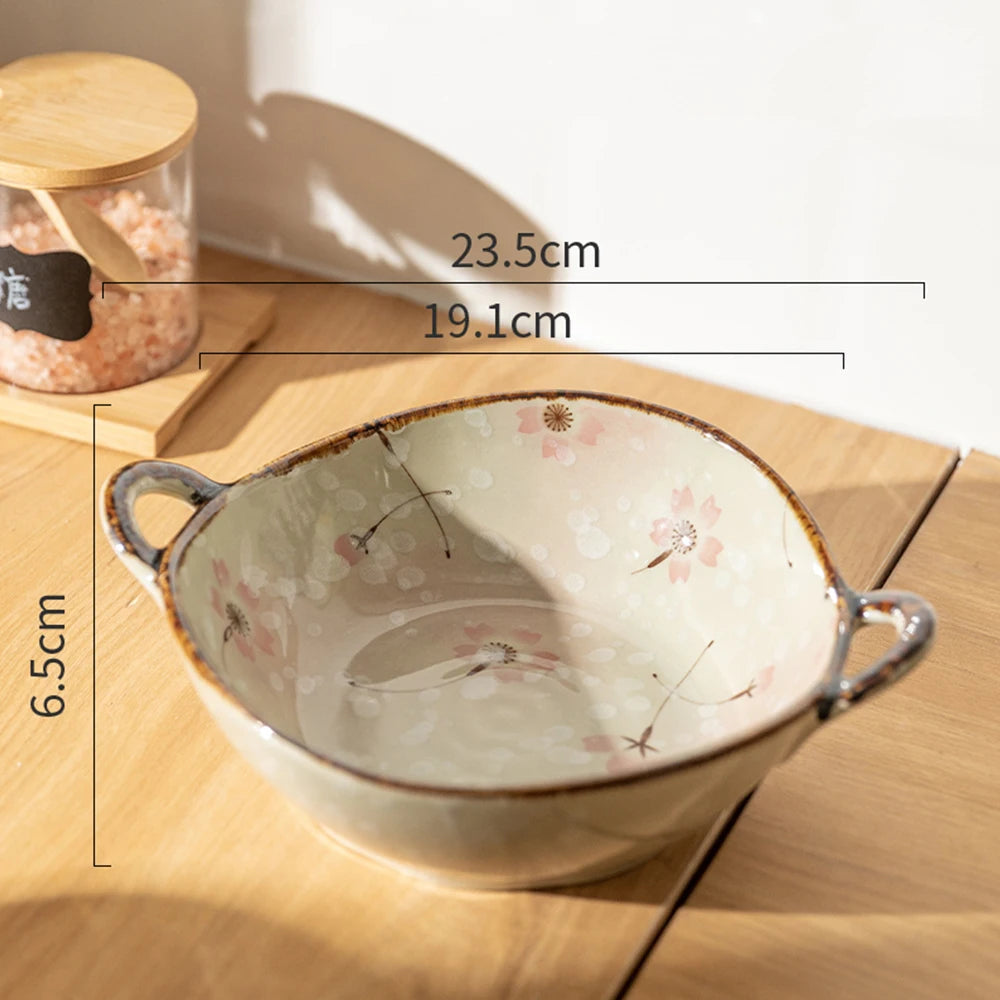 glazed two handle ceramic decorative bowl, pink blossom, reference photo