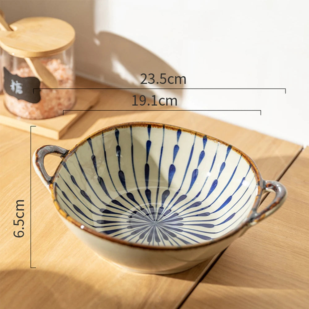 glazed two handle ceramic decorative bowl, blue stripe, reference photo