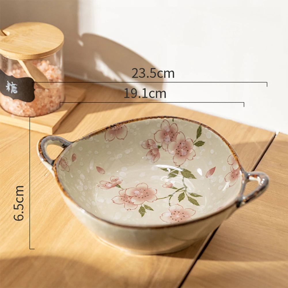 glazed two handle ceramic decorative bowl, pink floral, reference photo
