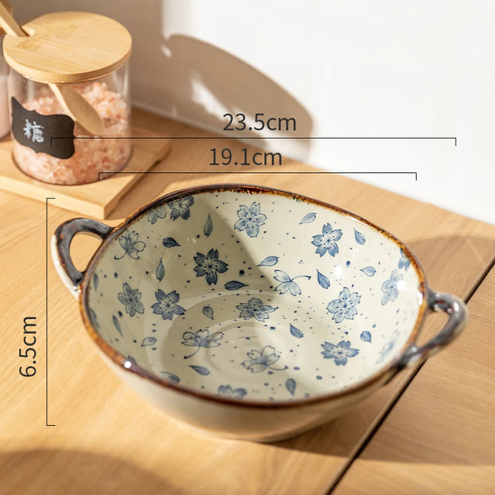 glazed two handle ceramic decorative bowl, blue floral, reference photo