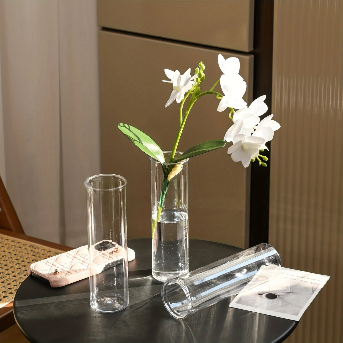 clear plastic cylinder bud vase, set of 12, reference photo