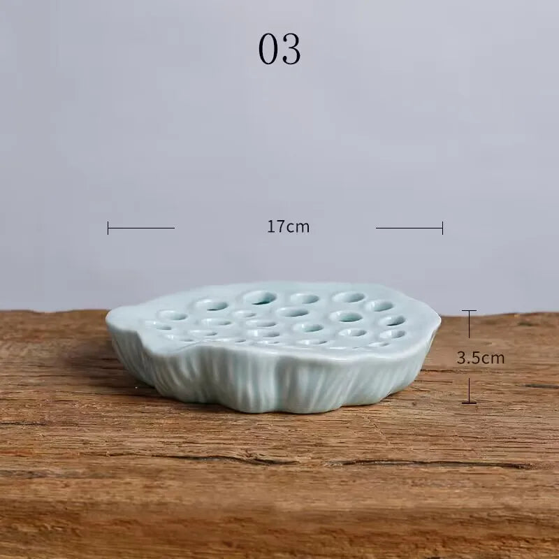 lotus leaf ceramic flower frog vase, celadon, reference photo
