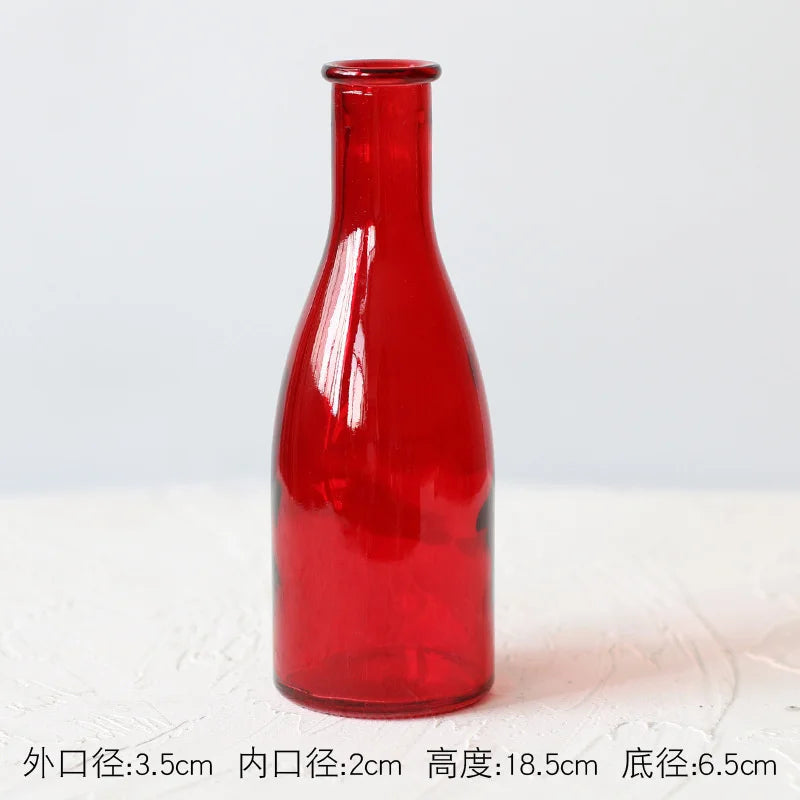 slender glass bottle bud vase, red, reference photo