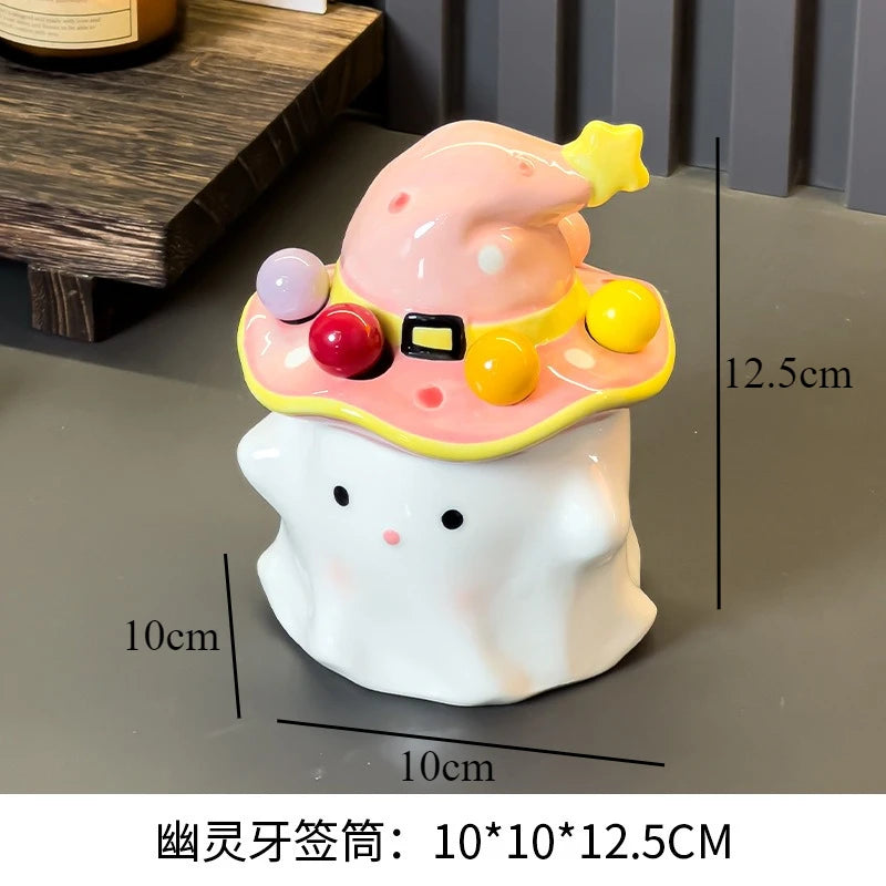 ghost and witch ceramic lidded trinket jar, reference photo